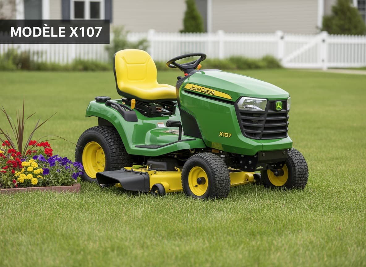 Tracteur de pelouse John Deere X107 garé près d'un parterre de fleurs avec la tondeuse visible.