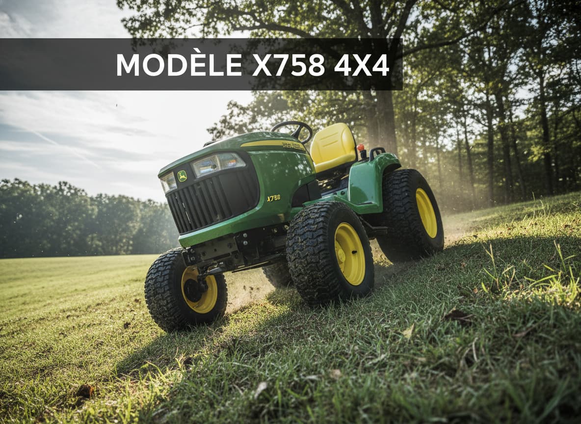 Tracteur John Deere X758 aux pneus à crampons épais sur une pente herbeuse, avec le texte 'MODÈLE X758 4X4' superposé.
