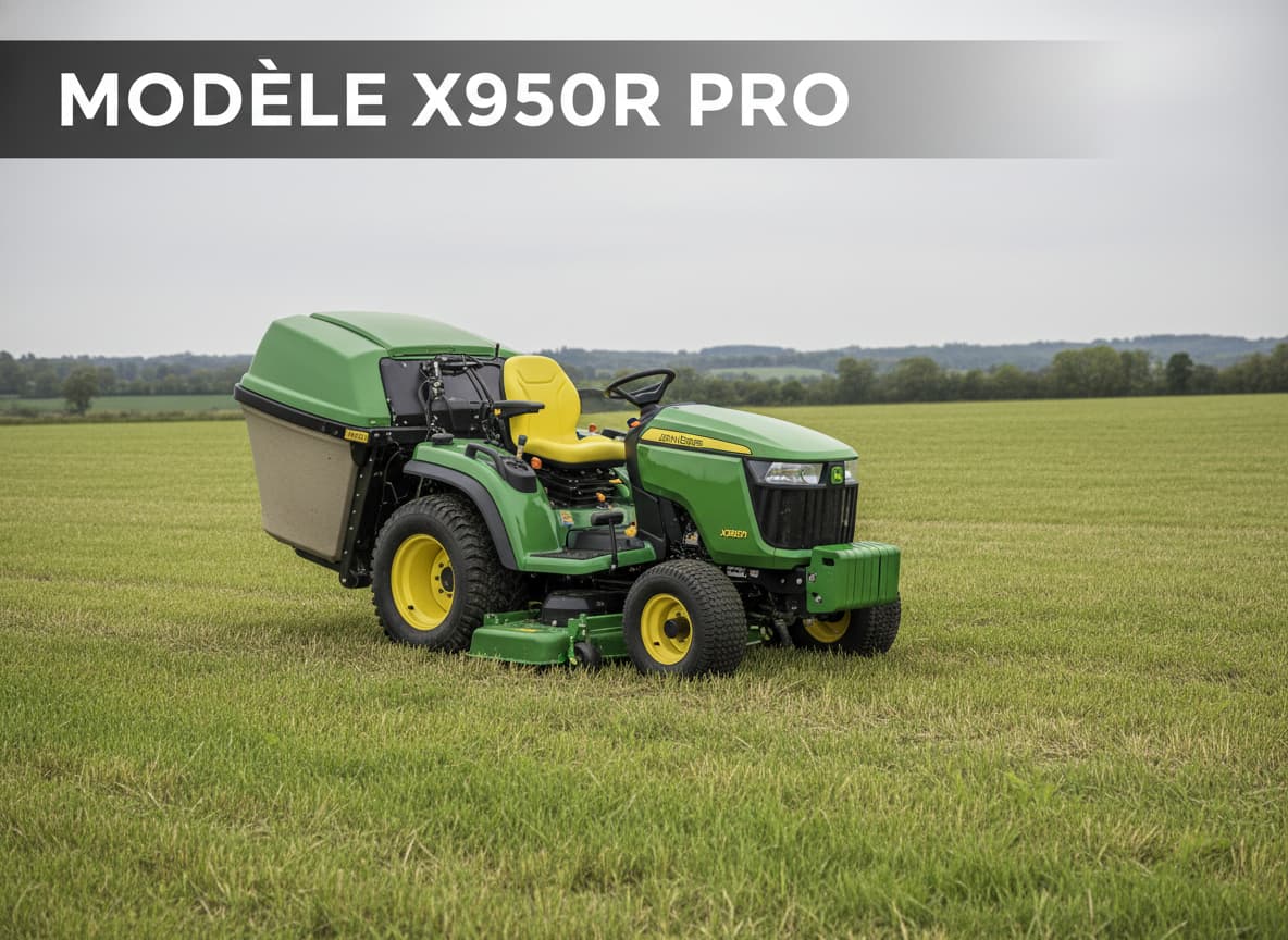 Tracteur diesel John Deere X950R avec grande benne de collecte d'herbe à l'arrière, dans un paysage ouvert sous un ciel couvert.