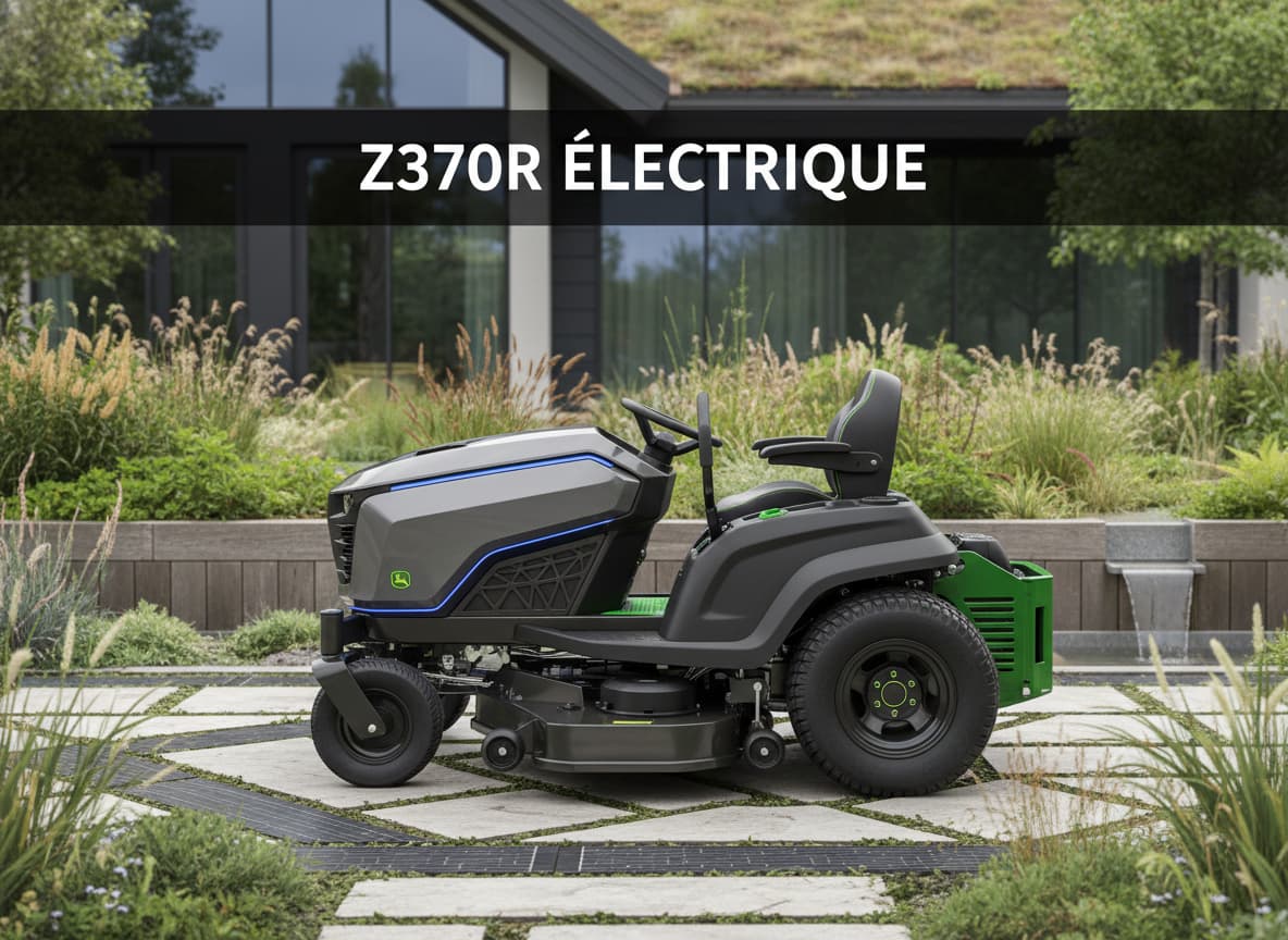 Tondeuse électrique John Deere Z370R en vue latérale, stationnaire dans un jardin écologique, avec texte 'Z370R ÉLECTRIQUE' en superposition.