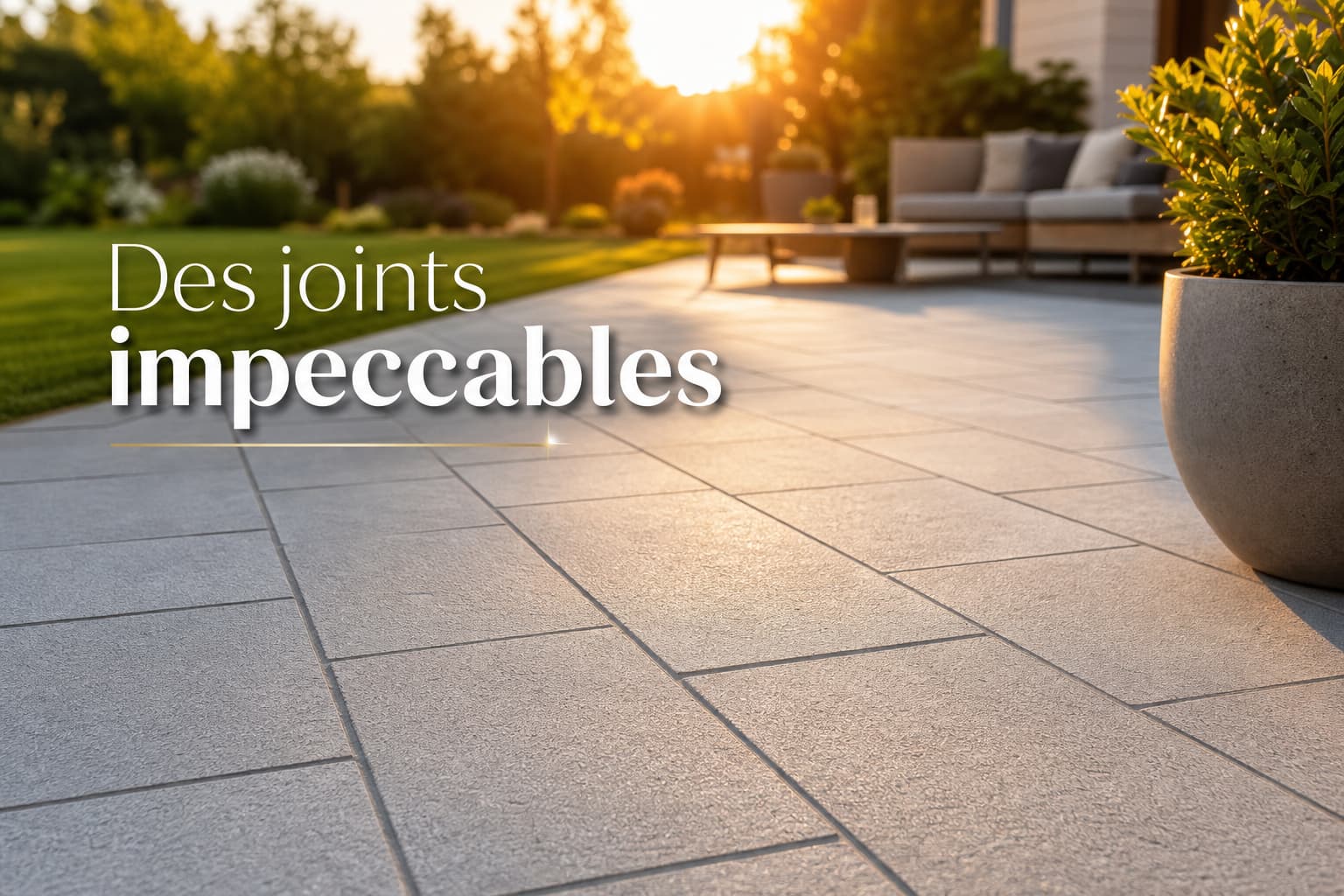 Patio extérieur aux pavés gris clair avec joints parfaitement propres et sans mauvaises herbes, éclairé par une lumière dorée de fin de journée, pelouse verte floue en arrière-plan.