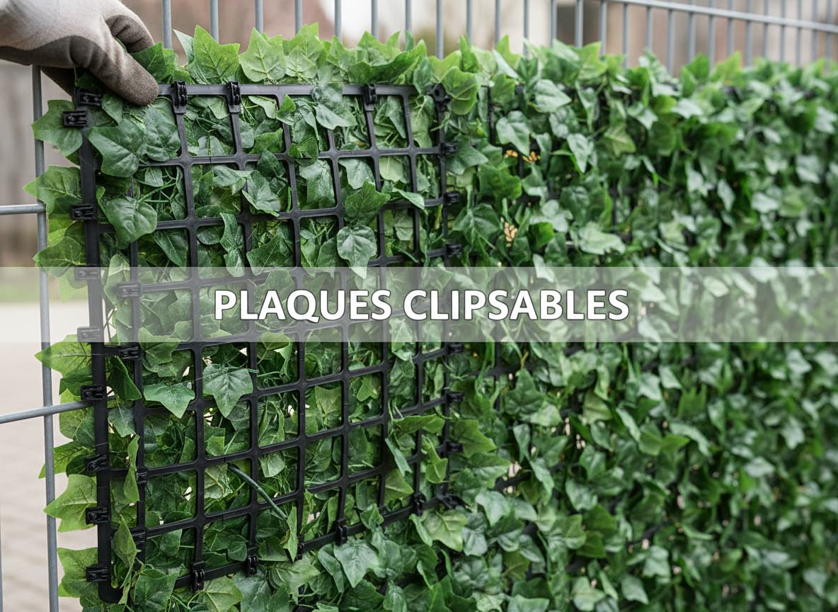 Gros plan d'une main tenant un panneau carré de lierre synthétique, avec le grillage plastique à l'arrière et les feuilles denses sur le devant, tandis que d'autres panneaux sont déjà clipsés en arrière-plan pour former une haie homogène. Texte superposé 'PLAQUES CLIPSABLES' en incrustation semi-transparente.