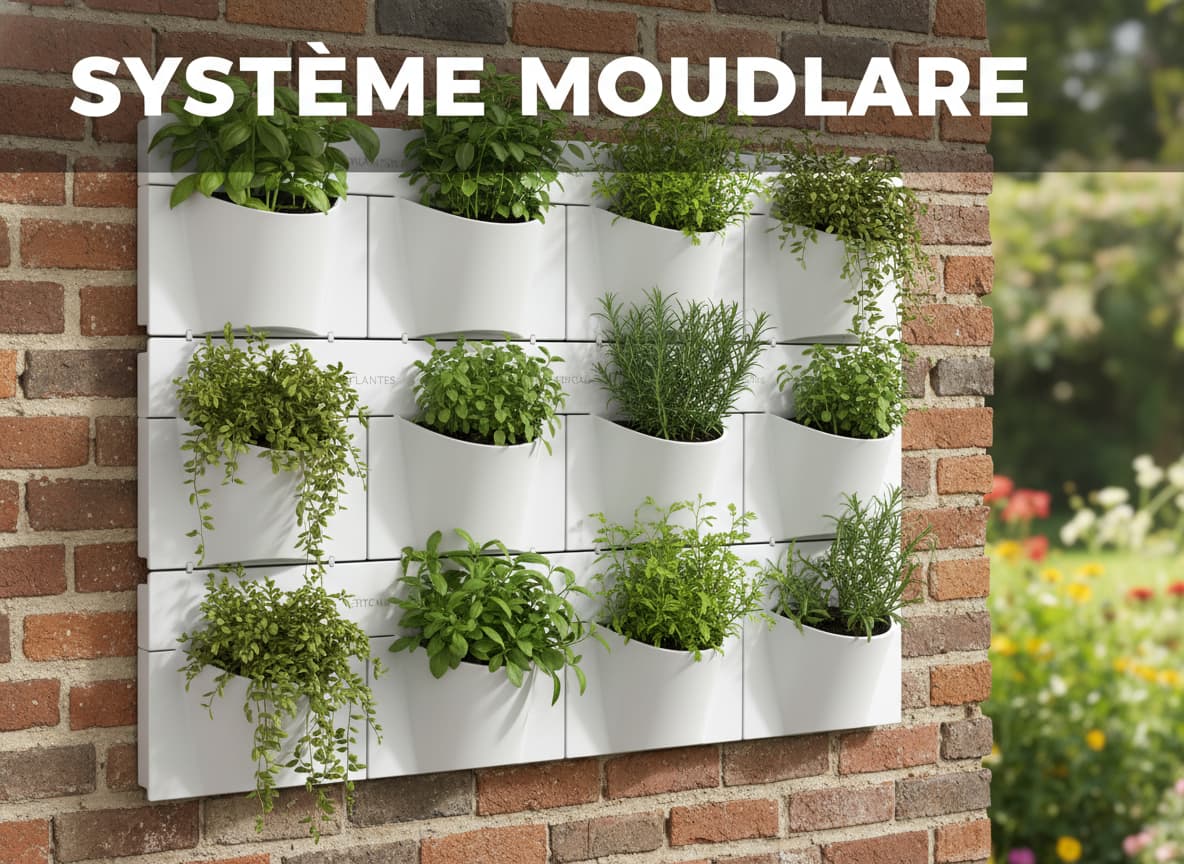 Système de jardin vertical Minigarden installé sur un mur en brique avec des modules blancs empilables et des plantes vertes.