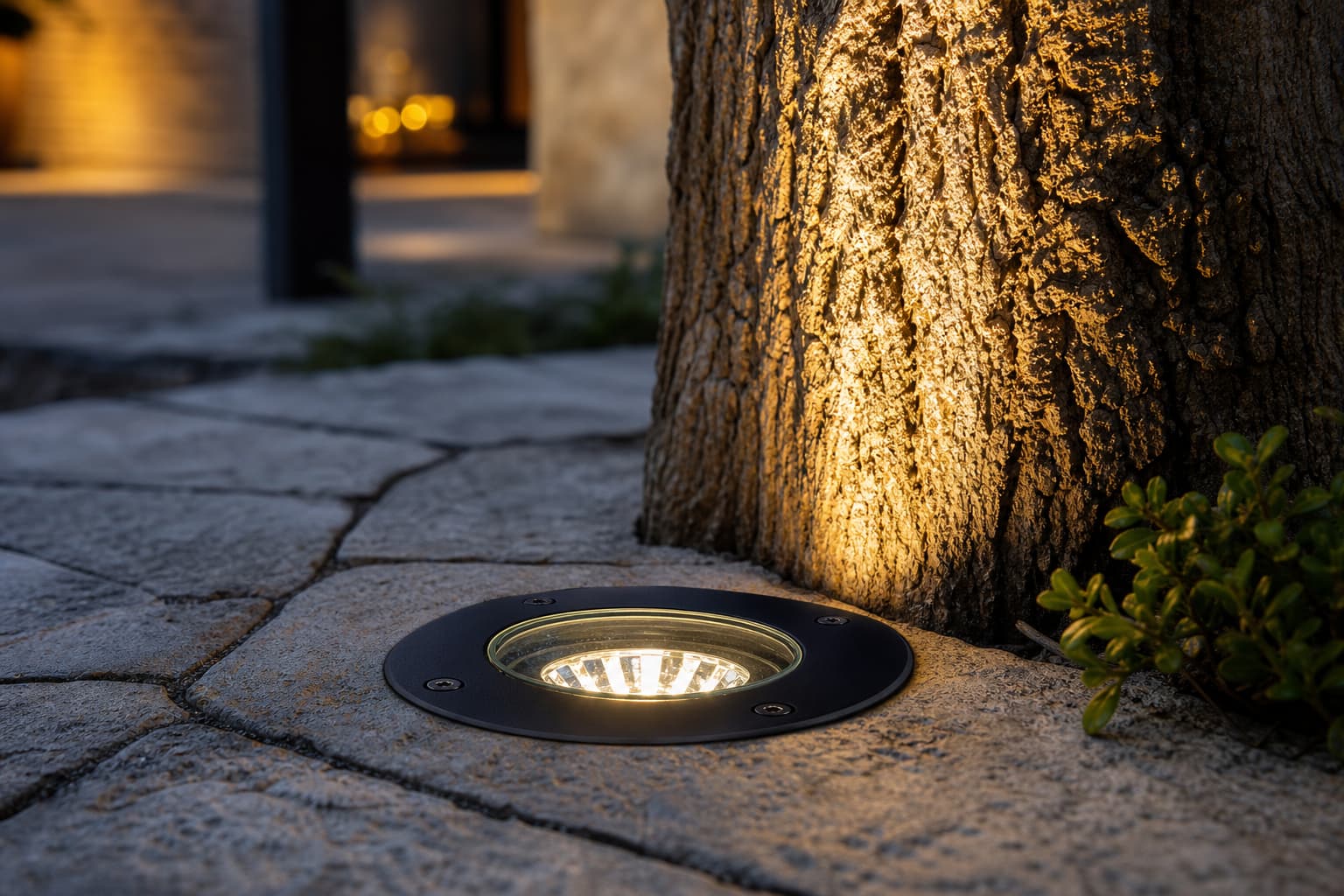 Spot LED encastré en aluminium noir projetant un faisceau blanc chaud le long d