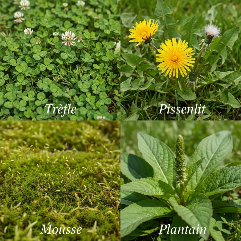 Mosaïque éducative de quatre gros plans de mauvaises herbes de pelouse, étiquetés Trèfle, Pissenlit, Mousse et Plantain en français.