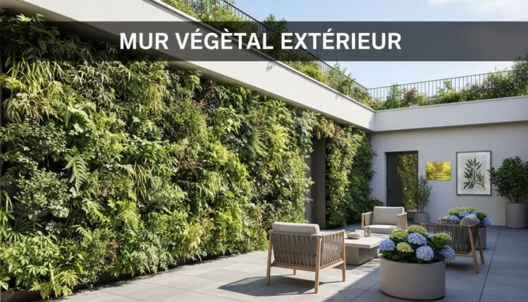 Terrasse contemporaine avec un mur végétal luxuriant, baignée de lumière solaire filtrant à travers les feuilles, avec du mobilier d'extérieur moderne.