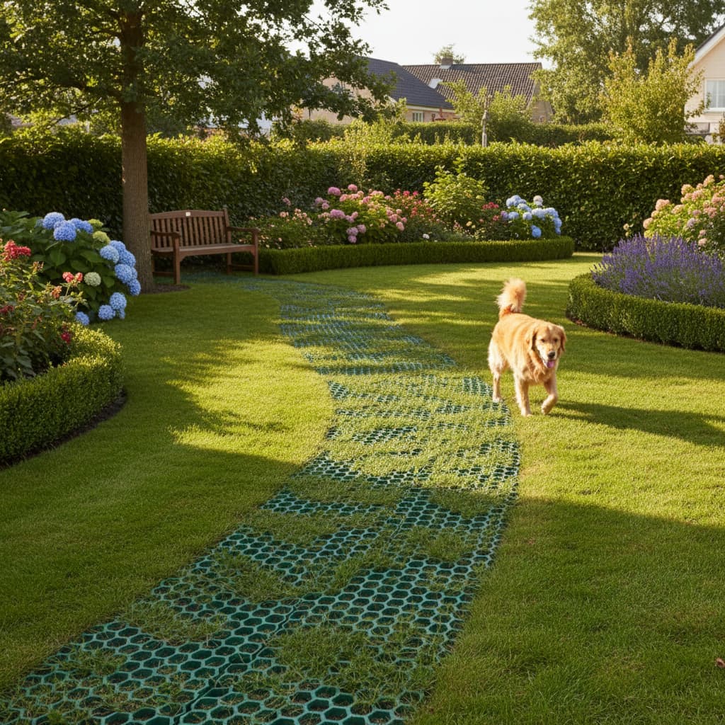 Une allée de jardin en dalles Nidagrass 130, où l'on distingue les alvéoles vertes stabilisant le sol, avec des parterres de fleurs en arrière-plan sous un soleil radieux.