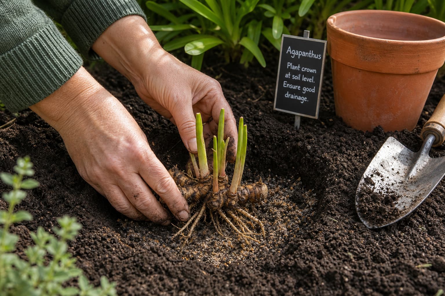 Des mains plantent un rhizome d