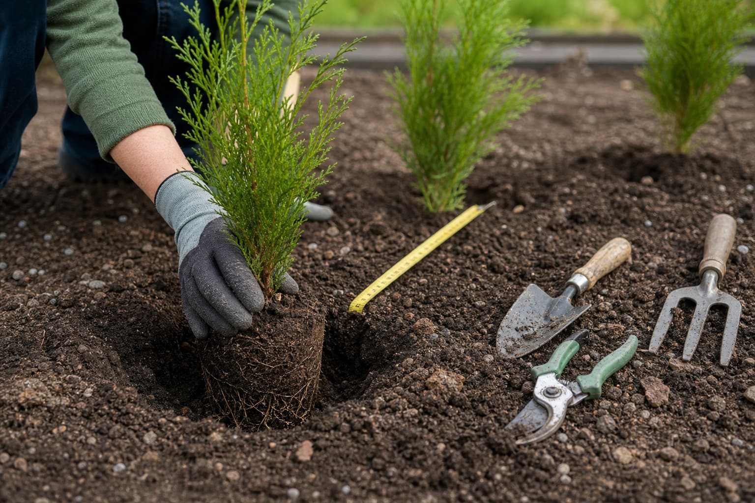 Gros plan sur des mains gantées plantant de jeunes cyprès de Leyland dans un sol bien drainé, avec un mètre ruban visible pour l