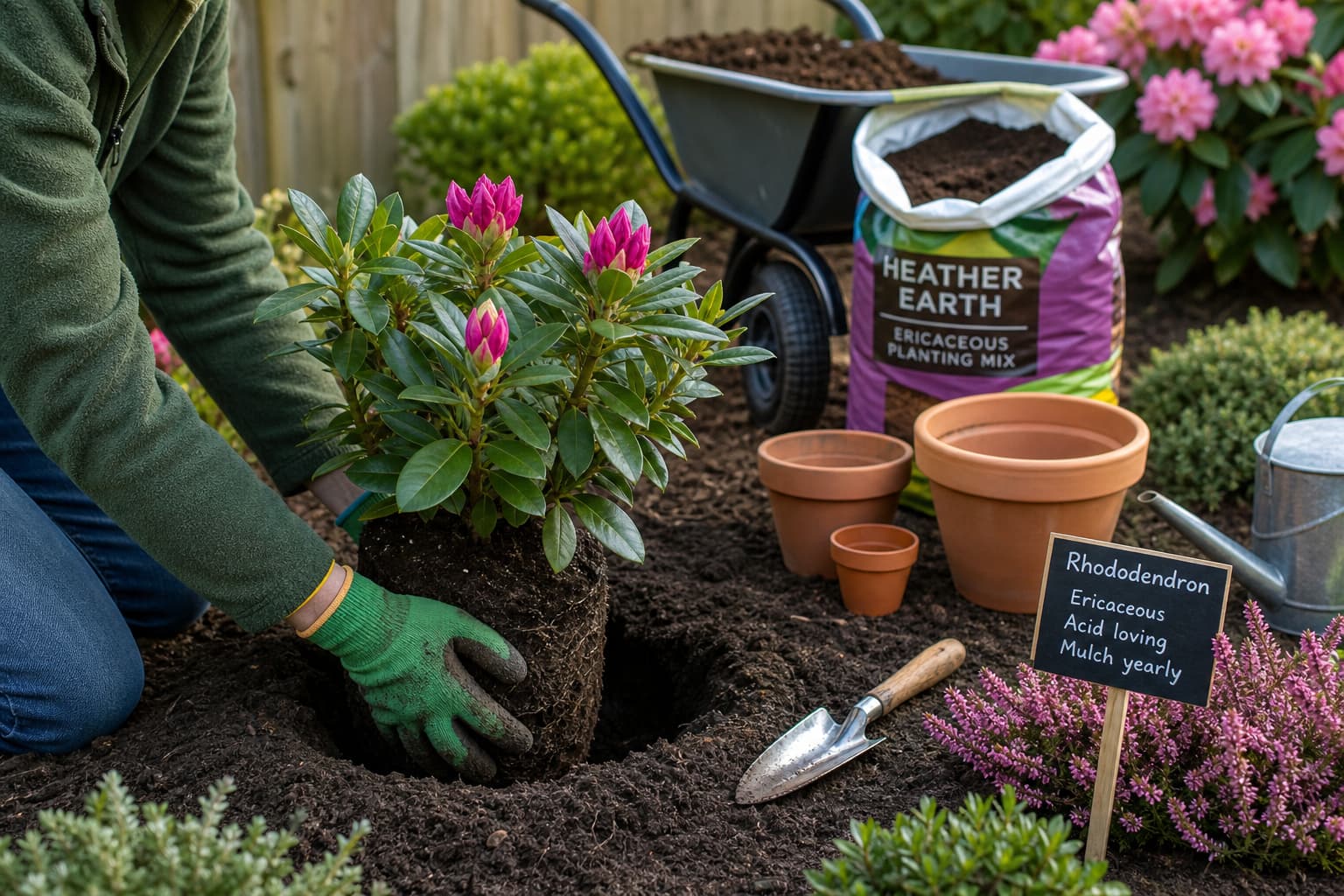Des mains plantent un rhododendron dans un sol riche tandis qu