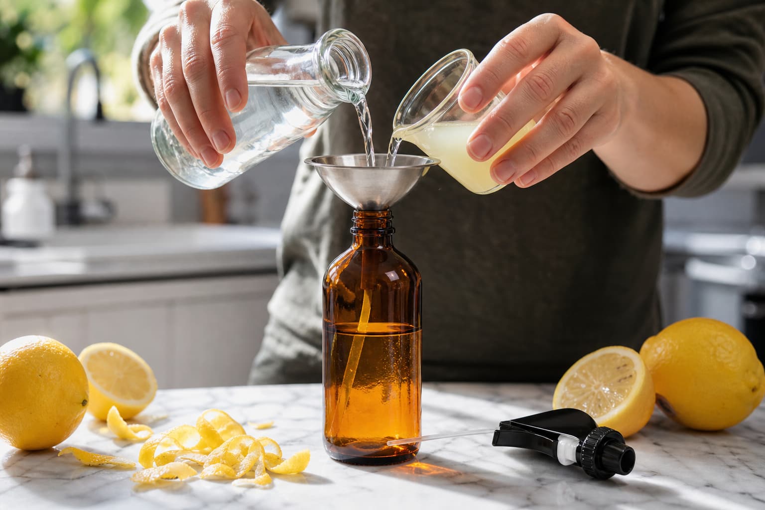 Des mains versent du vinaigre blanc et du jus de citron dans un flacon pulvérisateur en verre ambré sur un plan de travail de cuisine avec des écorces d