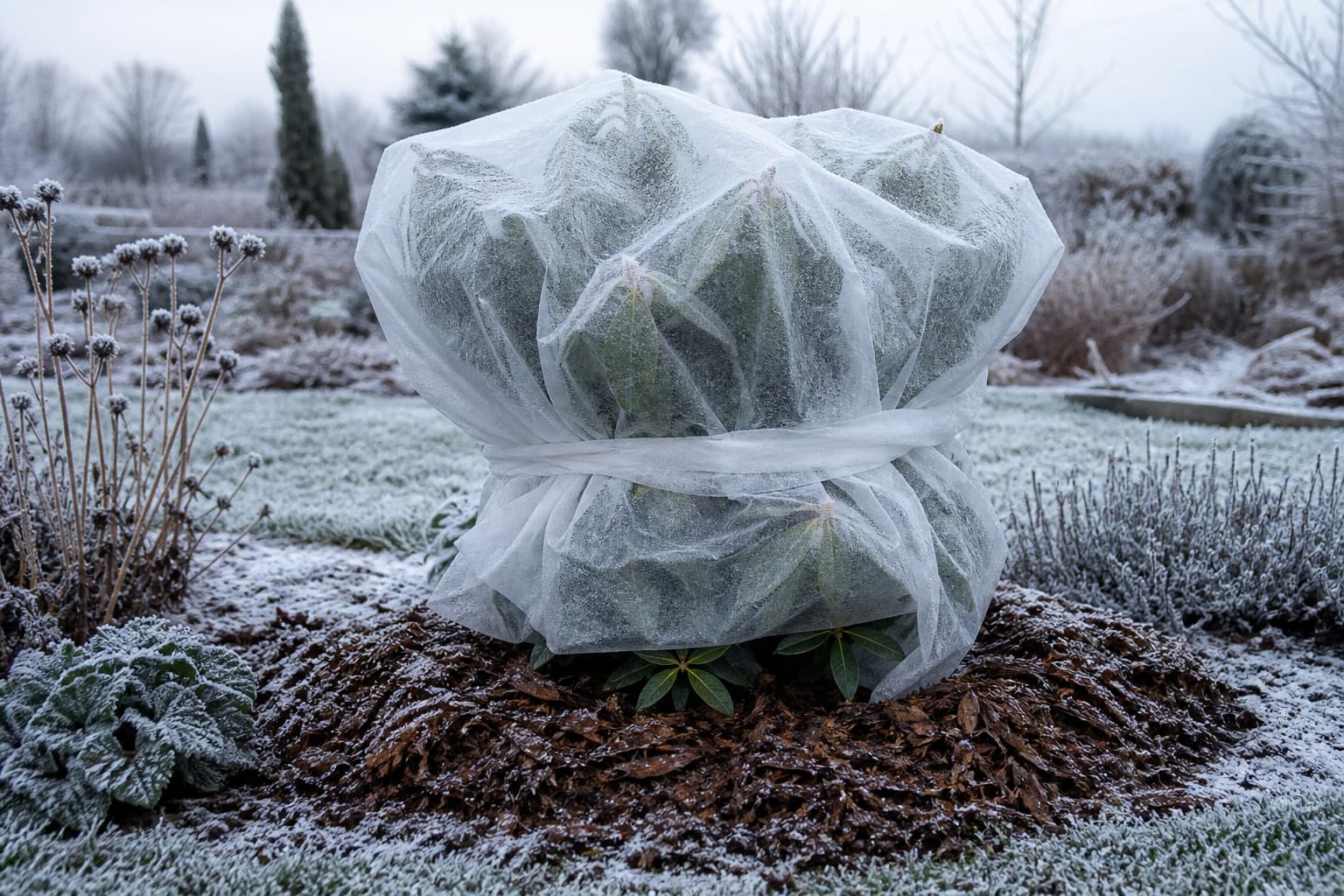 Un rhododendron protégé du gel par un voile d