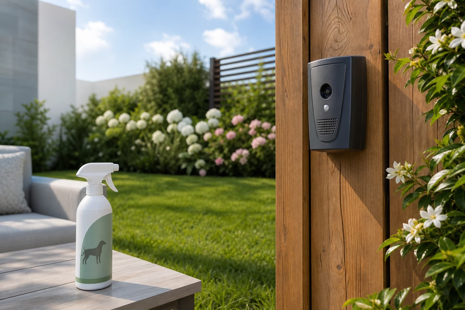 Un dispositif à ultrasons pour chien monté sur une clôture en bois, un flacon de spray anti-marquage sur une table de patio, et un jardin ensoleillé avec pelouse verte et plantes fleuries en arrière-plan.