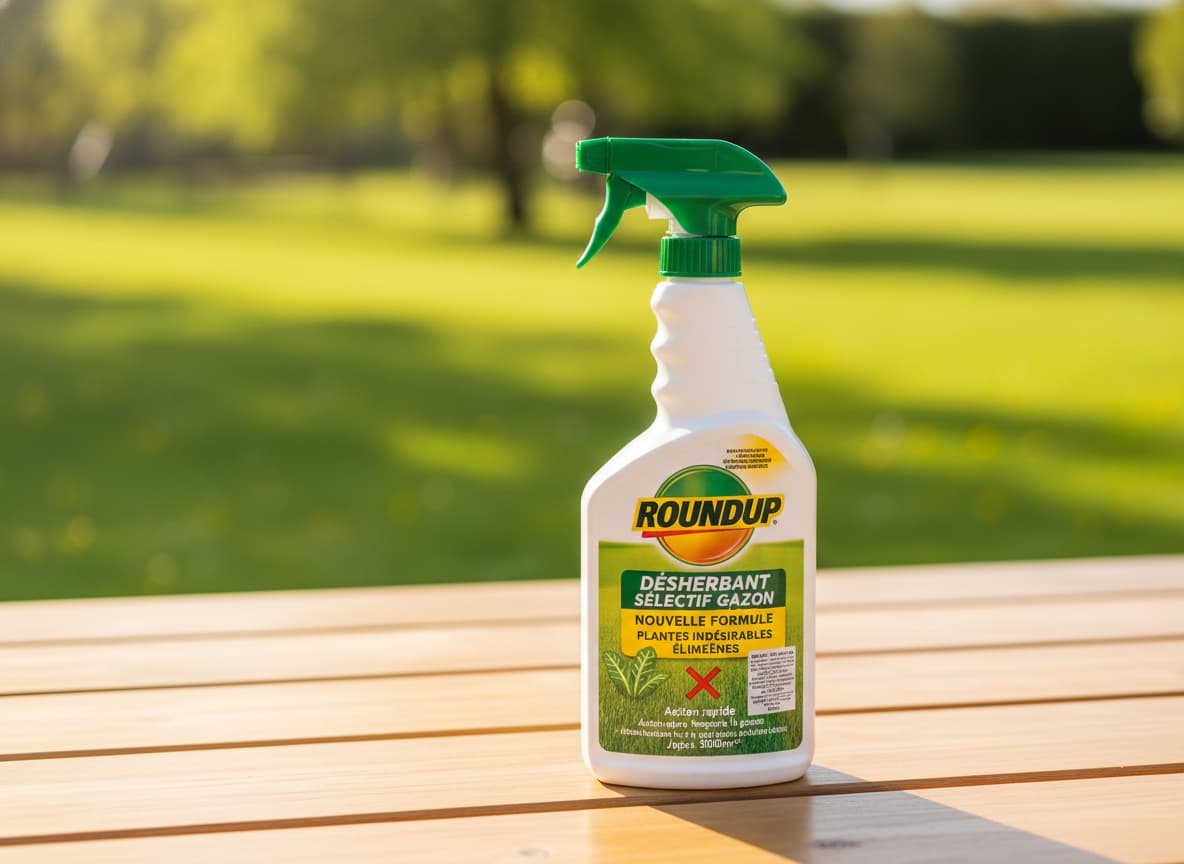 Bouteille de désherbant Roundup posée sur une surface en bois dans un jardin ensoleillé, avec un fond flou de pelouse verte.