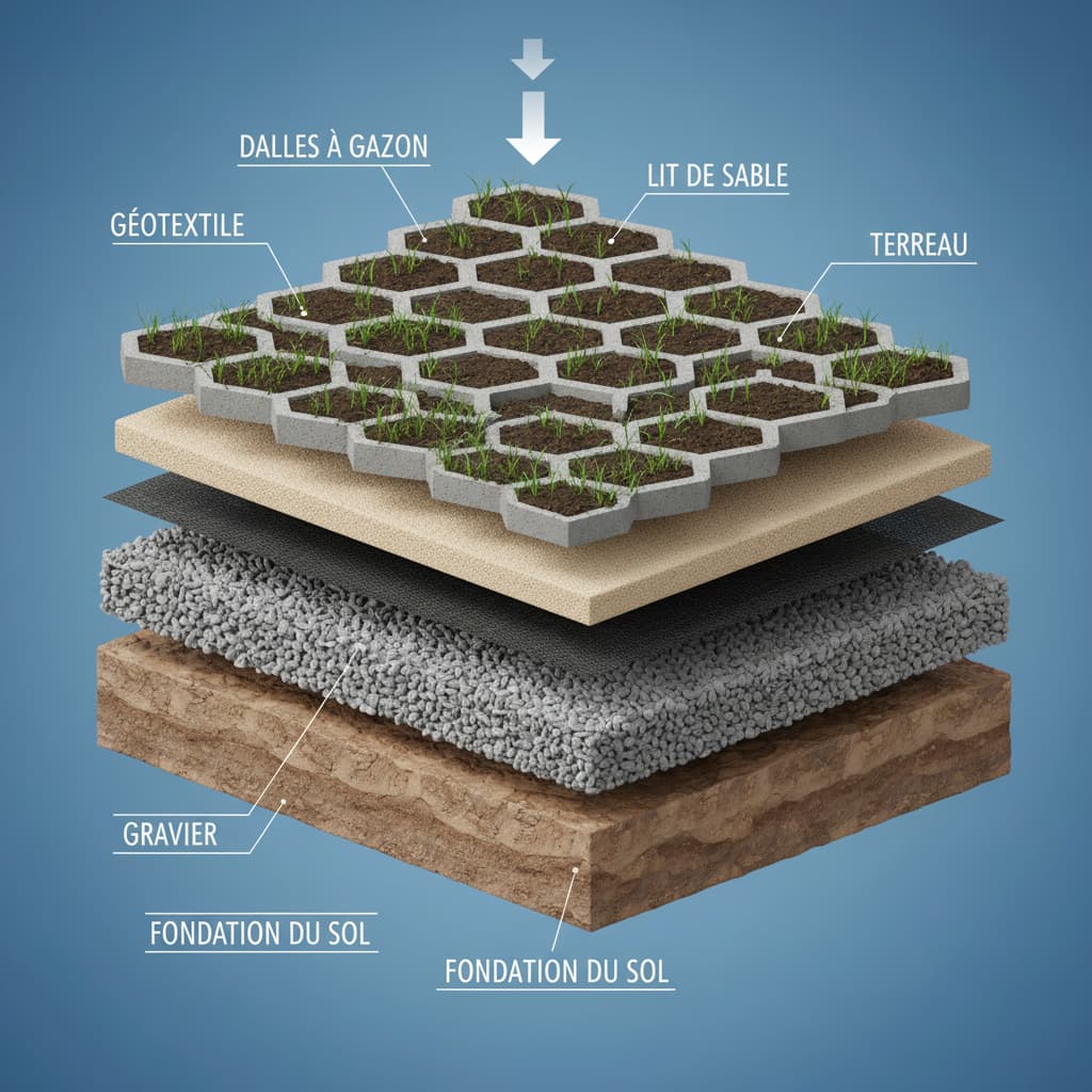 Coupe transversale détaillée montrant les différentes couches de l'installation de dalles à gazon, incluant le sol, le géotextile, le gravier, le sable et les dalles remplies de terreau.