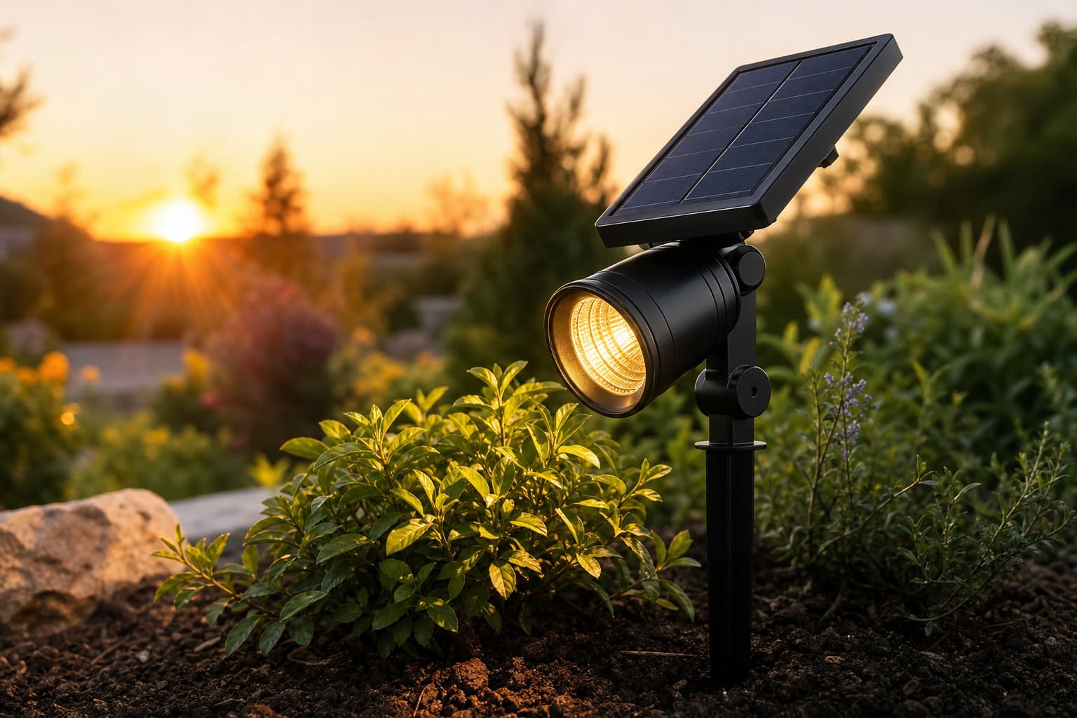 Spot solaire de jardin haut de gamme planté dans un sol meuble, panneau solaire captant la lumière