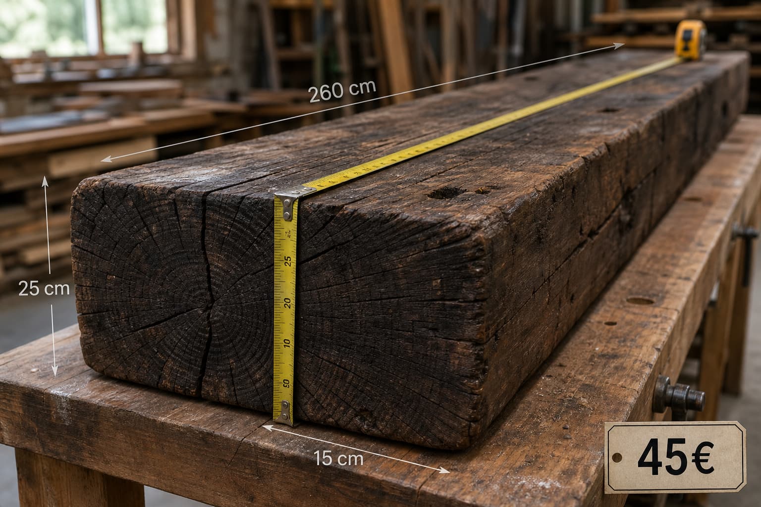 Bille de chemin de fer épaisse avec une section transversale de 260x25x15 cm, montrant une riche texture bois, un mètre ruban qui souligne sa robustesse, posée sur un établi, avec une étiquette de prix