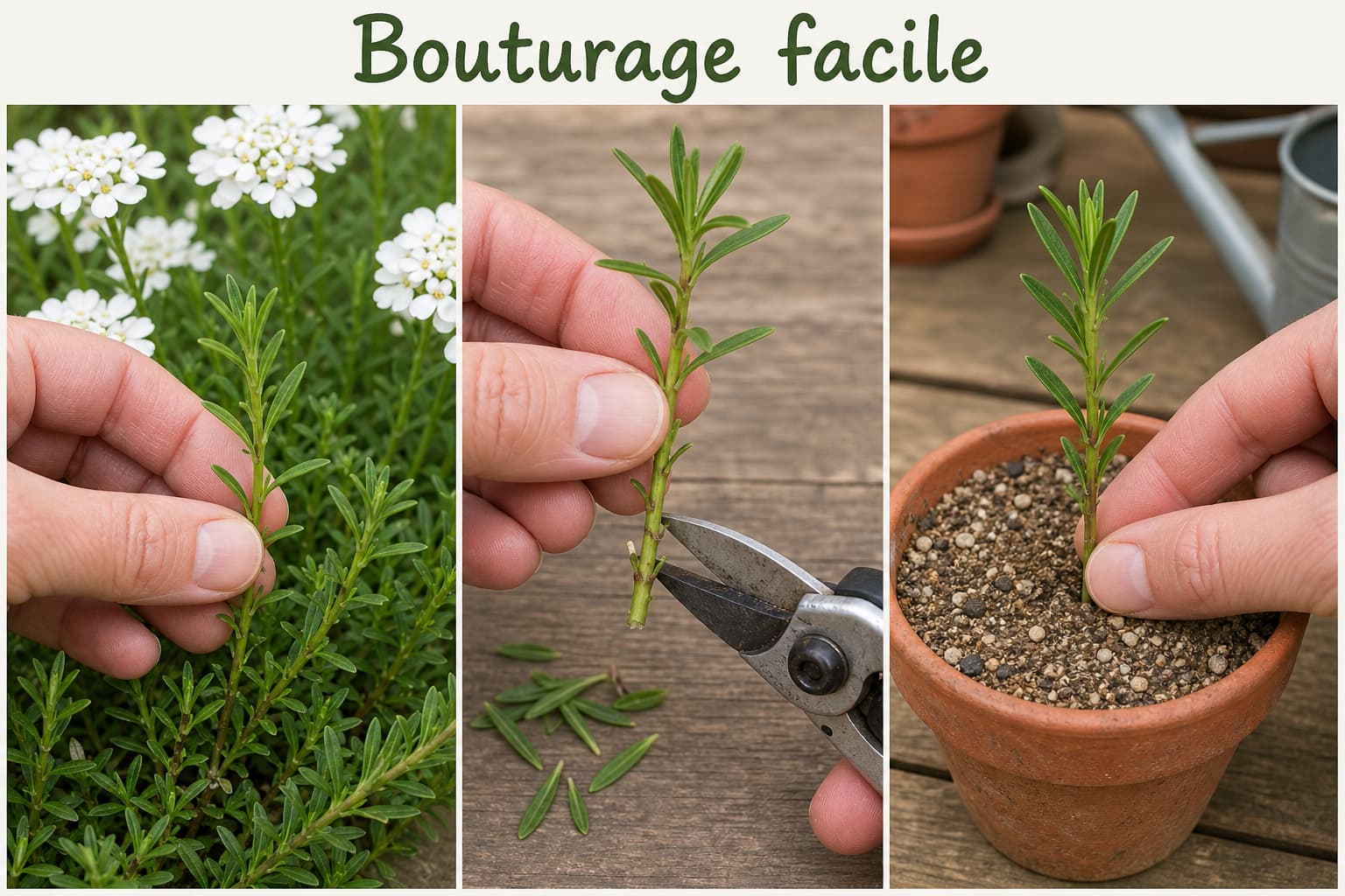 Collage photographique montrant trois étapes du bouturage d