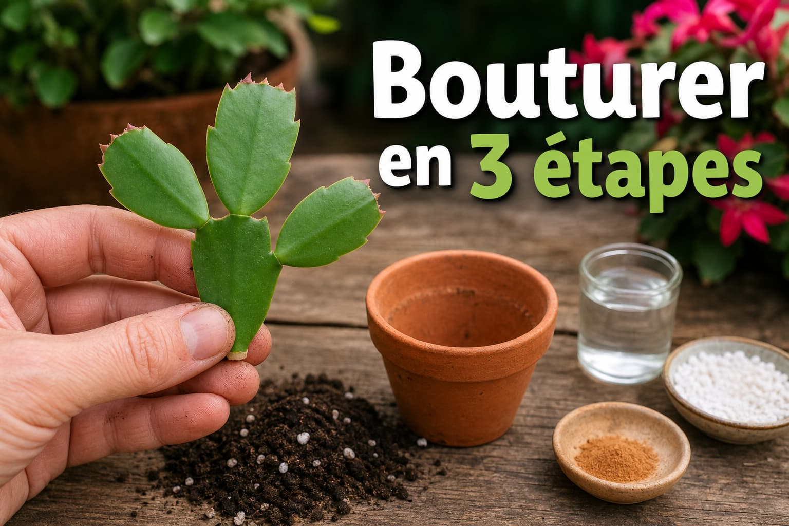 Main tenant une bouture de cactus de Noël à trois segments au-dessus d