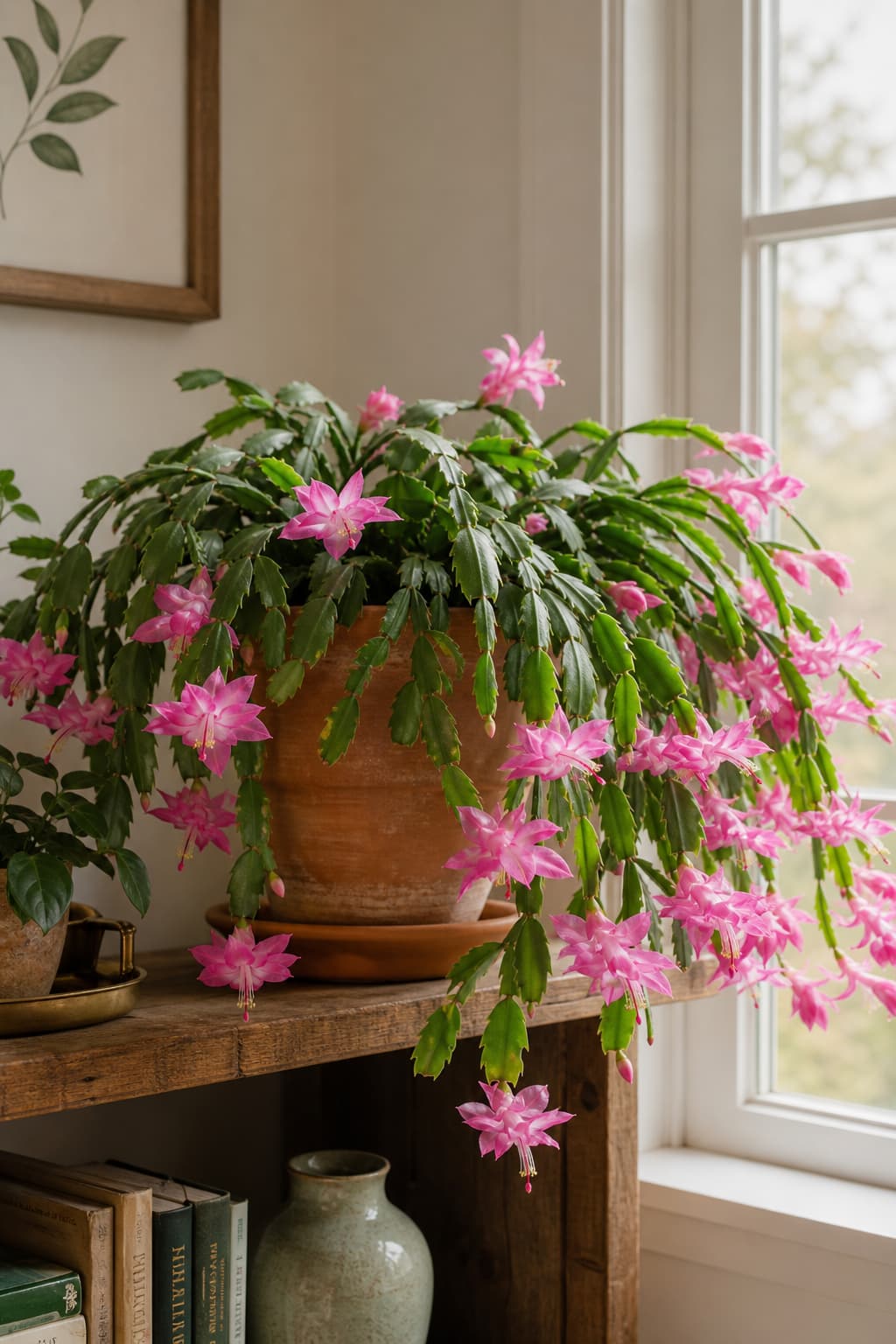 Un cactus de Noël florissant aux segments verts luxuriants et fleurs roses vives, dans un pot en terre cuite sur une étagère près d