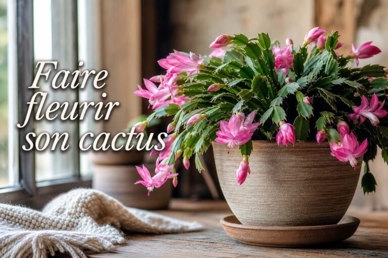 Cactus de Noël en bonne santé avec des fleurs rose vif sur un rebord de fenêtre en bois, lumière naturelle douce et arrière-plan intérieur chaleureux, avec le texte superposé 'Faire fleurir son cactus' en ombre portée.