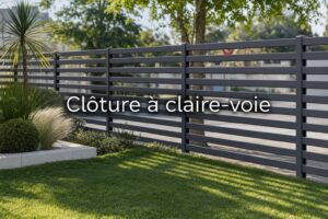 Jardin moderne avec une pelouse bien entretenue, une clôture à claire-voie horizontale en aluminium gris, des ombres mouchetées créées par la lumière du soleil, une rue visible au loin et le texte 'Clôture à claire-voie' en surimpression.