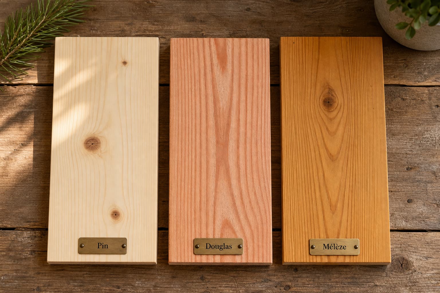 Planches de pin, de douglas et de mélèze étiquetées, alignées sur une table rustique en bois, montrant des grains détaillés sous une lumière naturelle douce.