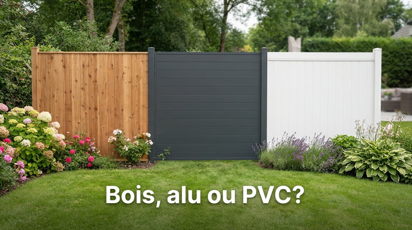 Comparaison côte à côte de trois panneaux de clôture : bois de cèdre chaud à gauche, aluminium gris foncé au centre, PVC blanc à droite, dans un jardin ensoleillé avec pelouse et fleurs, et le texte