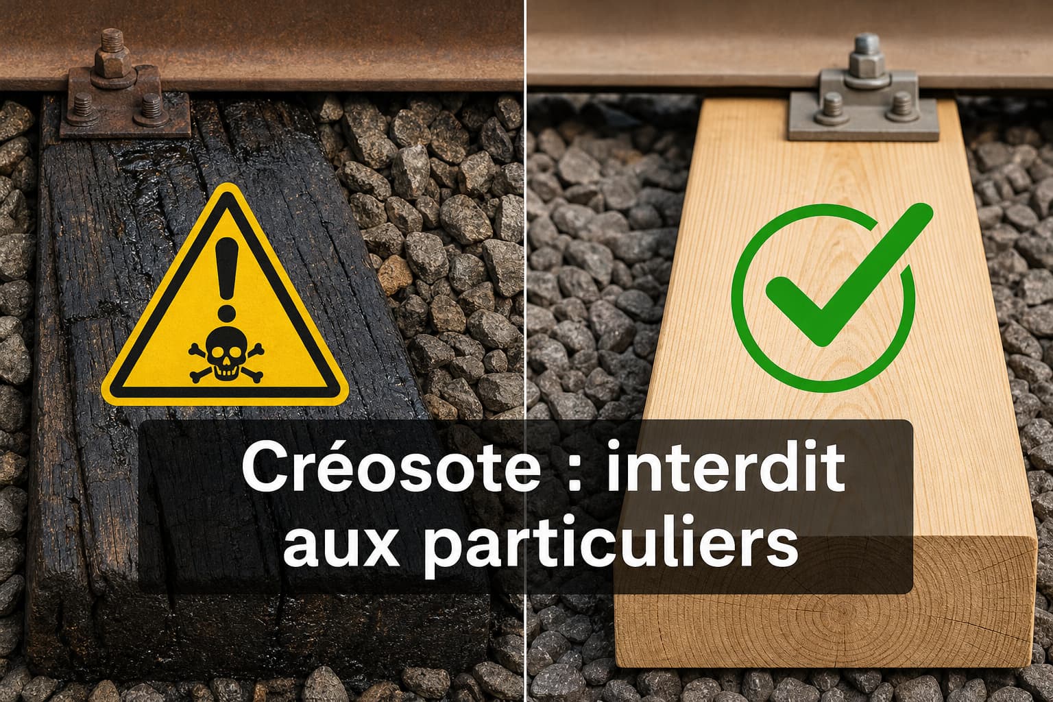 Composition divisée montrant à gauche une traverse de chemin de fer noircie avec symbole de danger, à droite une traverse neuve claire avec coche verte, et texte superposé