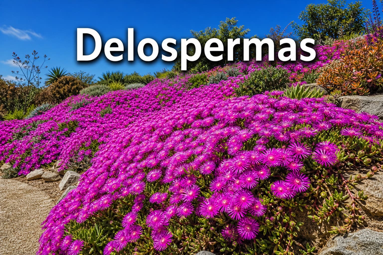 Tapis vibrant de Delosperma cooperi couvert de fleurs magenta éclatantes sur une pente ensoleillée sous un ciel bleu, avec le texte