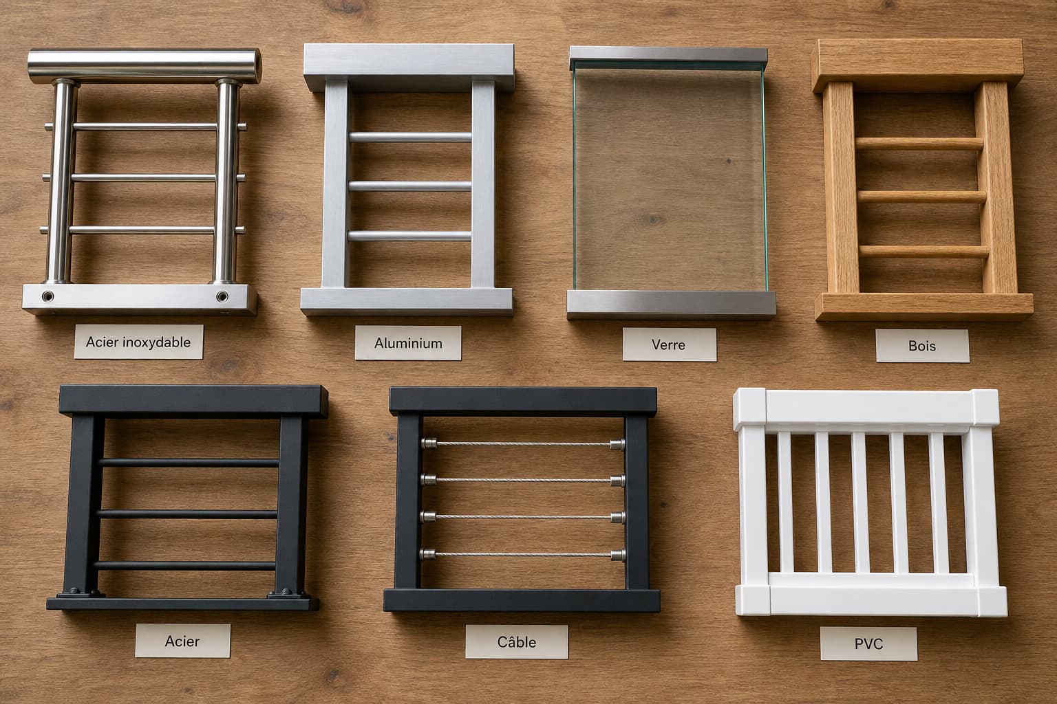 Sept échantillons de matériaux de garde-corps (acier inoxydable, aluminium, verre, bois, acier, câble, PVC) disposés à plat sur une surface en bois, chacun étiqueté en français.
