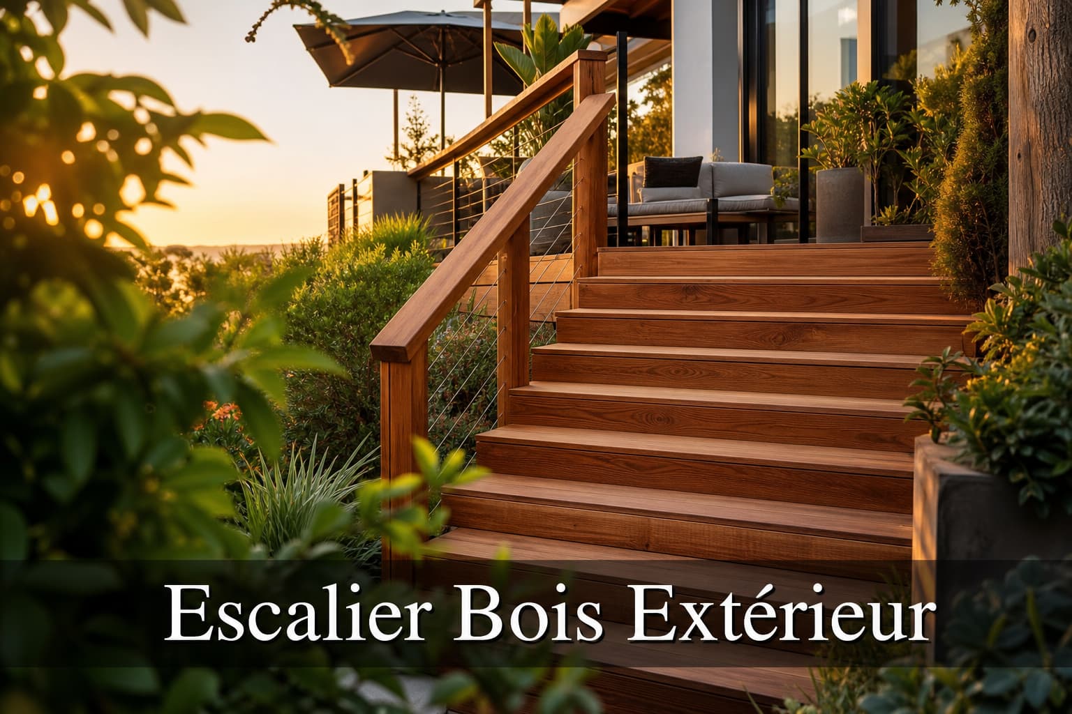 Un escalier en bois extérieur avec une main courante menant à une terrasse moderne, baigné dans la lumière chaude du coucher de soleil, avec des plantes vertes luxuriantes au premier plan et le texte « Escalier Bois Extérieur » en surimpression en bas.