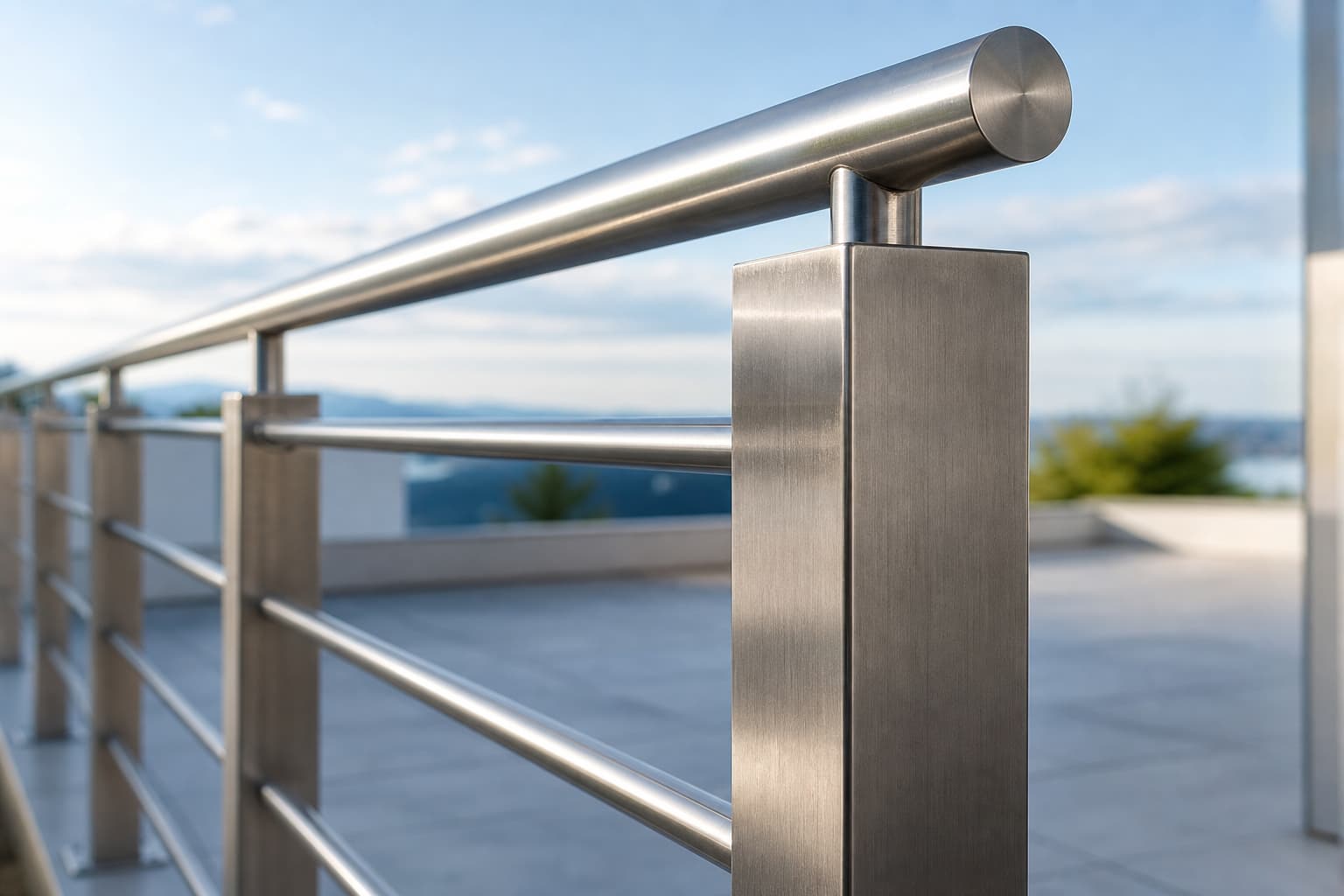 Gros plan sur un garde-corps en acier inoxydable à la finition brossée, montrant des poteaux solides et un design minimaliste, installé sur une terrasse baignée de lumière naturelle.