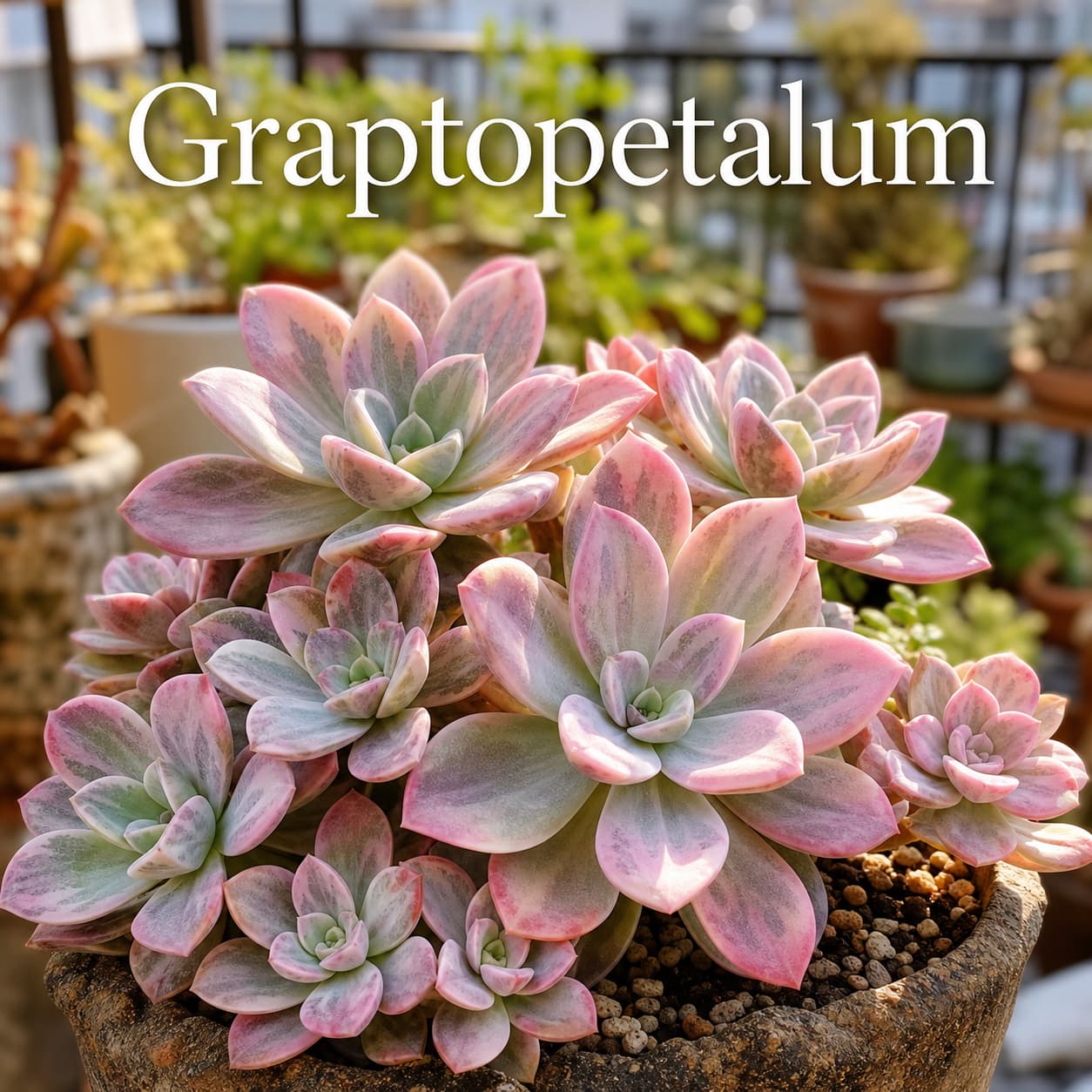 Rosettes de Graptopetalum aux feuilles marbrées rose pastel et vert sauge poussant en bouquet sur un balcon ensoleillé avec un arrière-plan flou de jardin urbain et le texte
