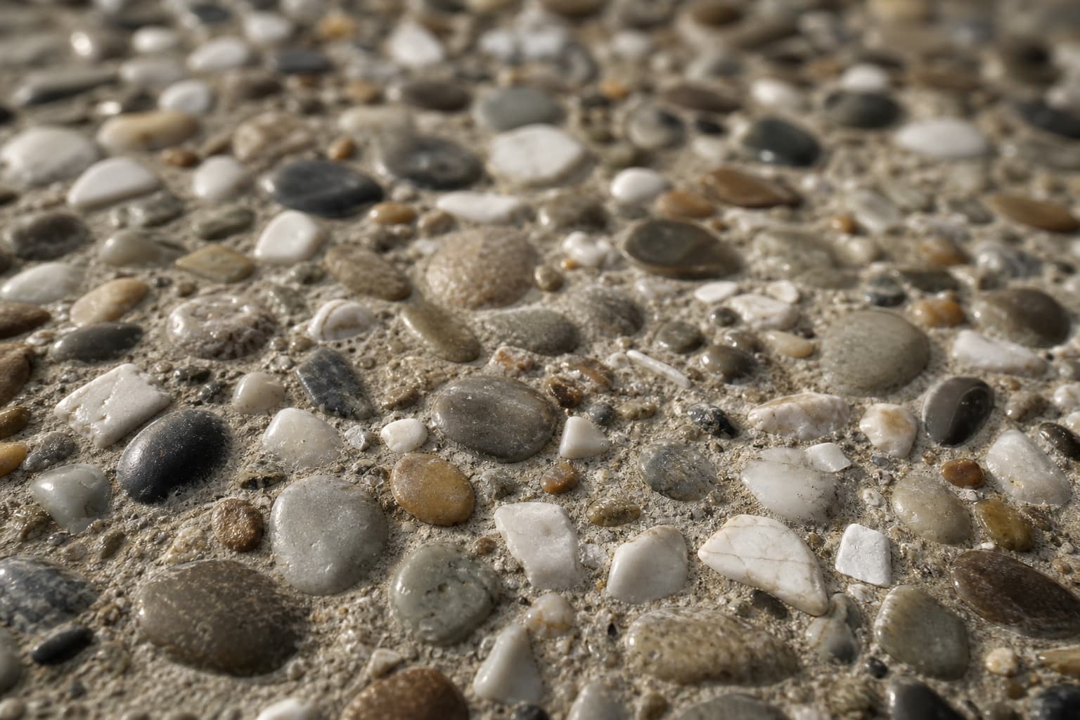 Gros plan d’une surface de béton désactivé, révélant une texture riche de galets de rivière, de quartz et de copeaux de marbre dans une matrice de ciment, avec un éclairage doux et une faible profondeur de champ.