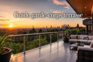 Terrasse moderne avec garde-corps en acier inoxydable et verre, donnant sur un jardin verdoyant et une ligne d'horizon urbaine au coucher du soleil, avec le texte 'Guide garde-corps terrasse' superposé.