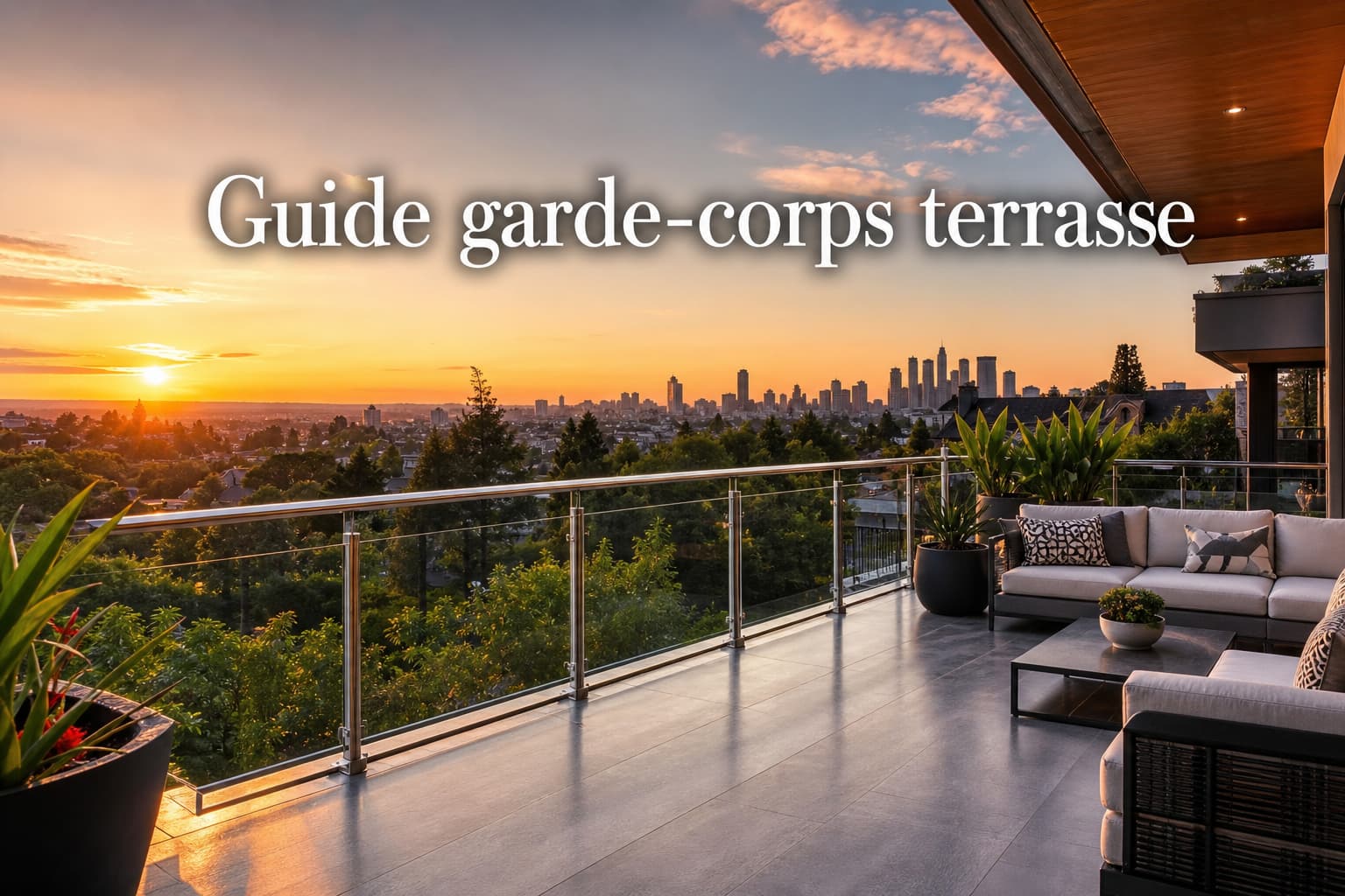Terrasse moderne avec garde-corps en acier inoxydable et verre, donnant sur un jardin verdoyant et une ligne d