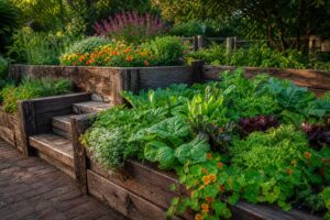 Jardin potager aménagé avec des traverses de chemin de fer récupérées utilisées comme bacs surélevés, bordures et marches, végétation luxuriante et fleurs colorées sous une lumière d'après-midi.