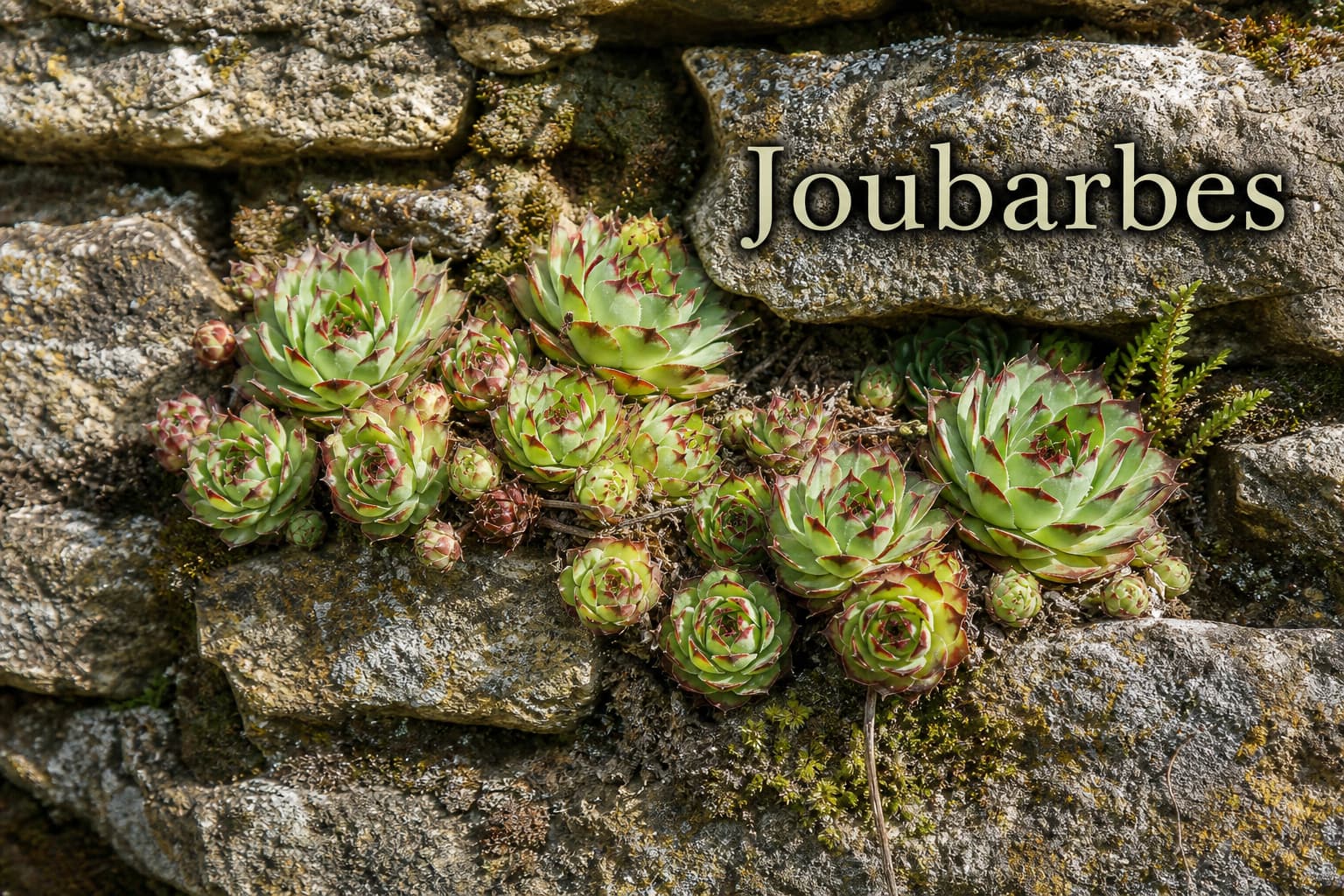 Petites rosettes de joubarbes vertes et rougeâtres dans les fissures étroites d