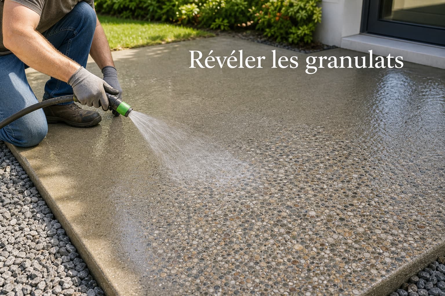 Une personne arrose une dalle de béton frais avec un tuyau basse pression, révélant les granulats et pierres sous les éclaboussures, avec le texte