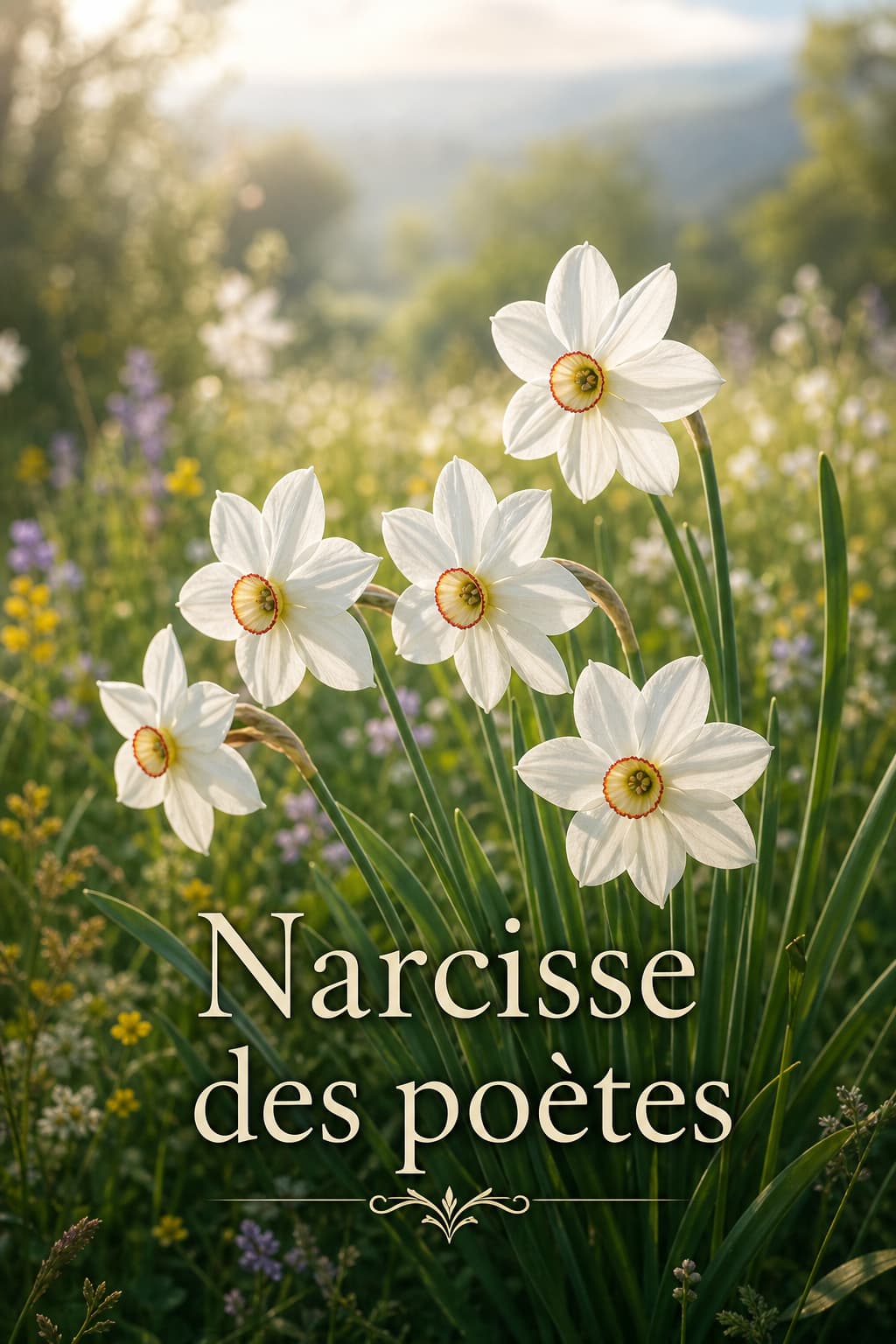 Un groupe de narcisses des poètes aux pétales blancs et petite couronne rouge jaunâtre ondule doucement dans un pré ensoleillé avec le texte