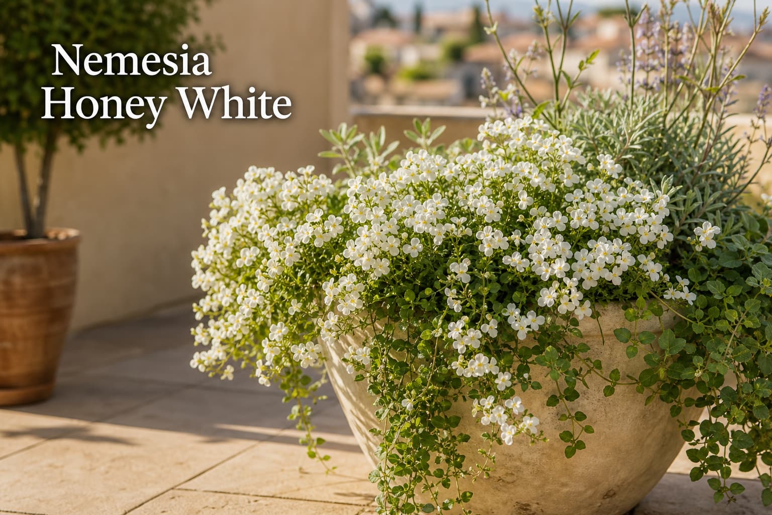 Un jardin en pot sur une terrasse avec des Nemesia