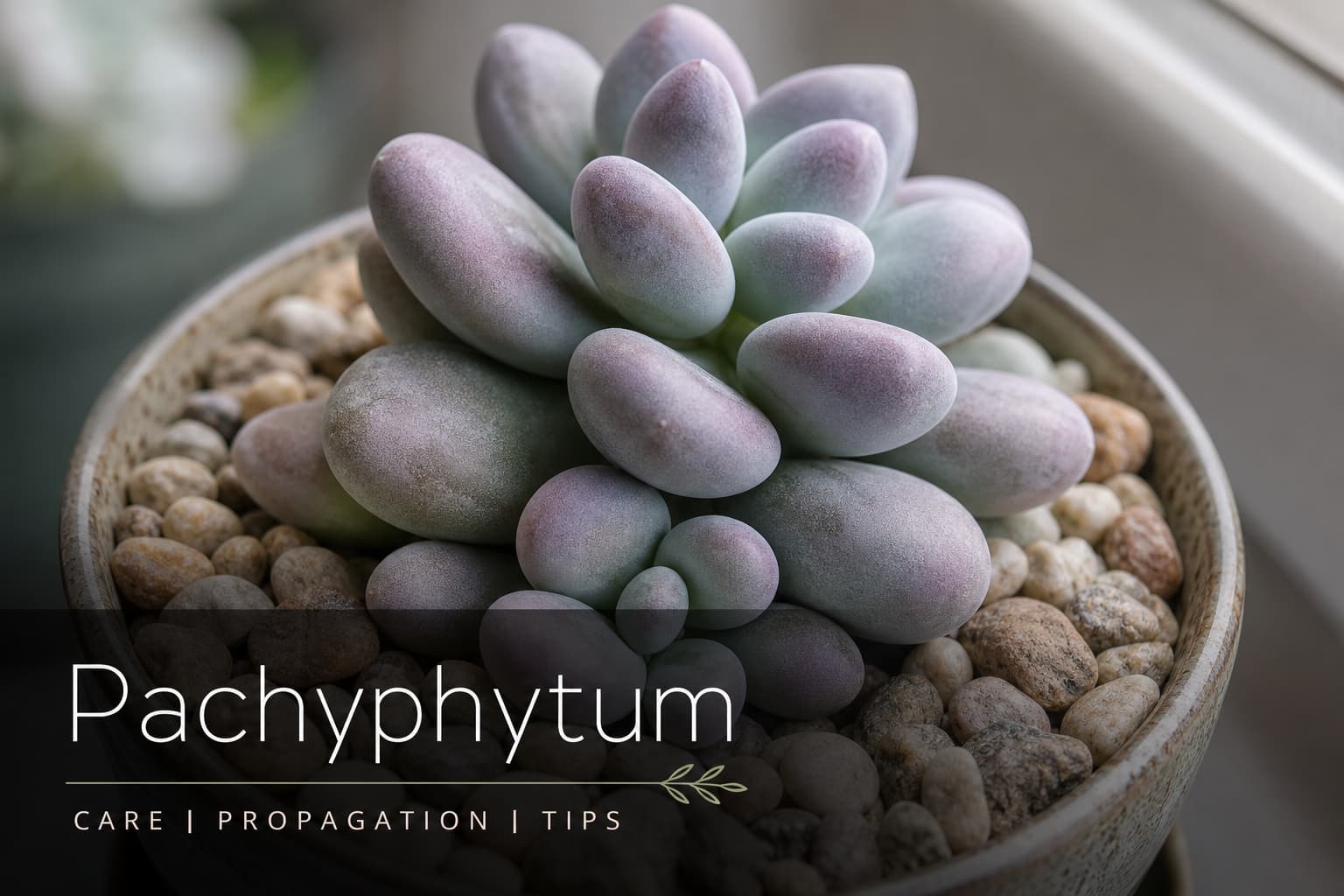Macro de feuilles de Pachyphytum en forme de gouttes aux teintes lavande et vertes, disposées dans un bol peu profond avec des galets, éclairées par une lumière douce, avec le texte