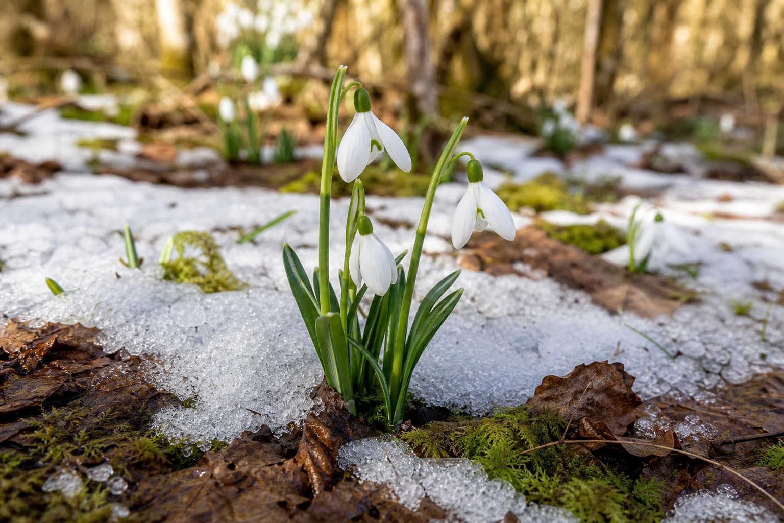 Fleurs de perce-neige blanches en forme de cloche avec des pointes vertes émergeant de la neige fondante sur un sol forestier.