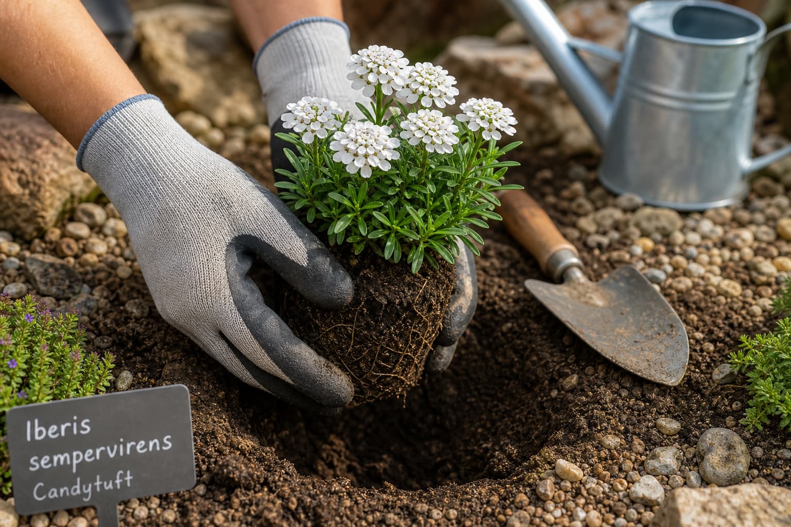 Une main gantée de jardinier place délicatement un jeune plant d