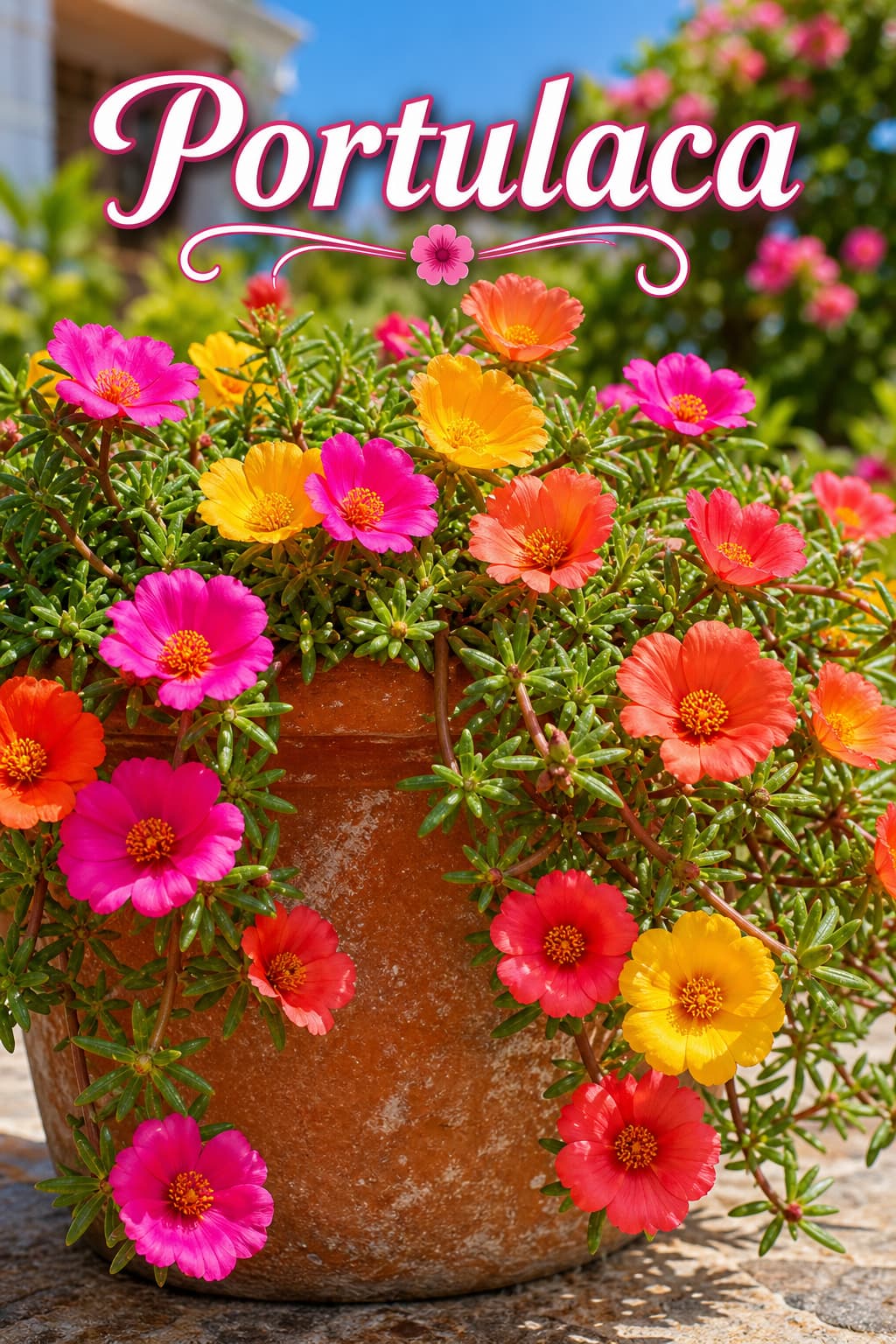 Fleurs de portulaca vibrantes de couleurs rose, orange et jaune, débordant d