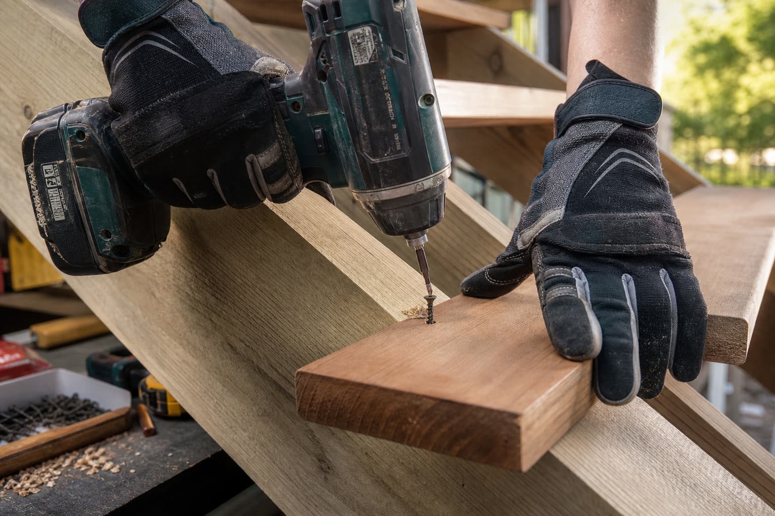 Gros plan sur les mains d’un menuisier vissant une marche en bois sur un limon d’escalier extérieur, avec gants de protection, perceuse et copeaux de bois visibles.