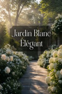 Sentier de jardin serein bordé de fleurs blanches luxuriantes, avec une lumière douce du matin filtrant à travers les arbres et le texte 'Jardin Blanc Élégant' en surimpression.