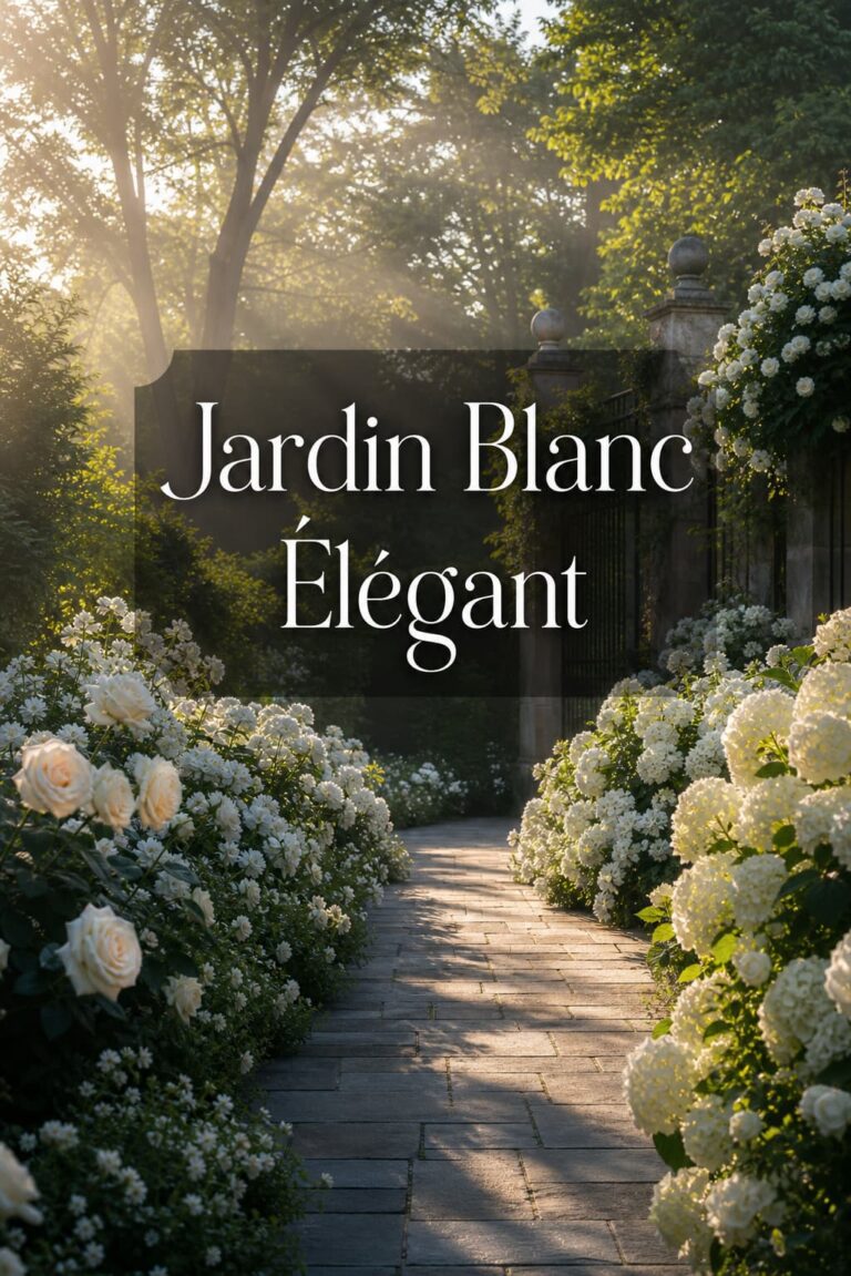 Sentier de jardin serein bordé de fleurs blanches luxuriantes, avec une lumière douce du matin filtrant à travers les arbres et le texte 'Jardin Blanc Élégant' en surimpression.