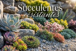 Collection vibrante de plantes succulentes en extérieur, avec des echeverias, sedums et sempervivums, disposées dans un jardin de rocaille ensoleillé, sur fond de pierre naturelle, sous une douce lumière du soir, avec le texte 'Succulentes résistantes' ombré en superposition.
